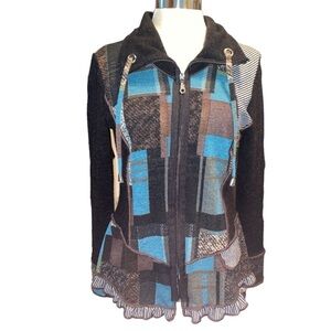 Bali sweater cardigan full zip front long sleeve drawstring patchwork Sz Medium